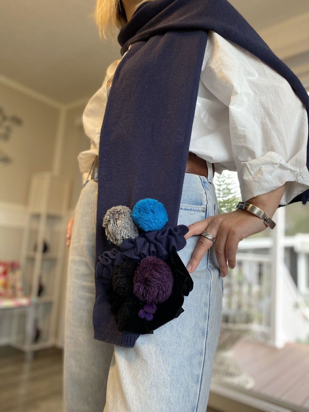 Bracciolini Italian Knitted scarf decorated with pompoms embroidery and velvet